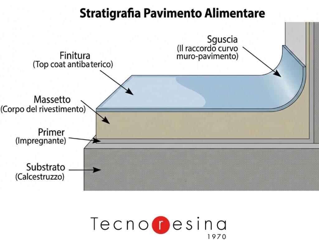 Schema tecnico in sezione che illustra la stratigrafia di un pavimento in resina antibatterico per l'industria alimentare, mostrando i livelli di substrato, primer, massetto, finitura e la sguscia igienica di raccordo curvo a parete.